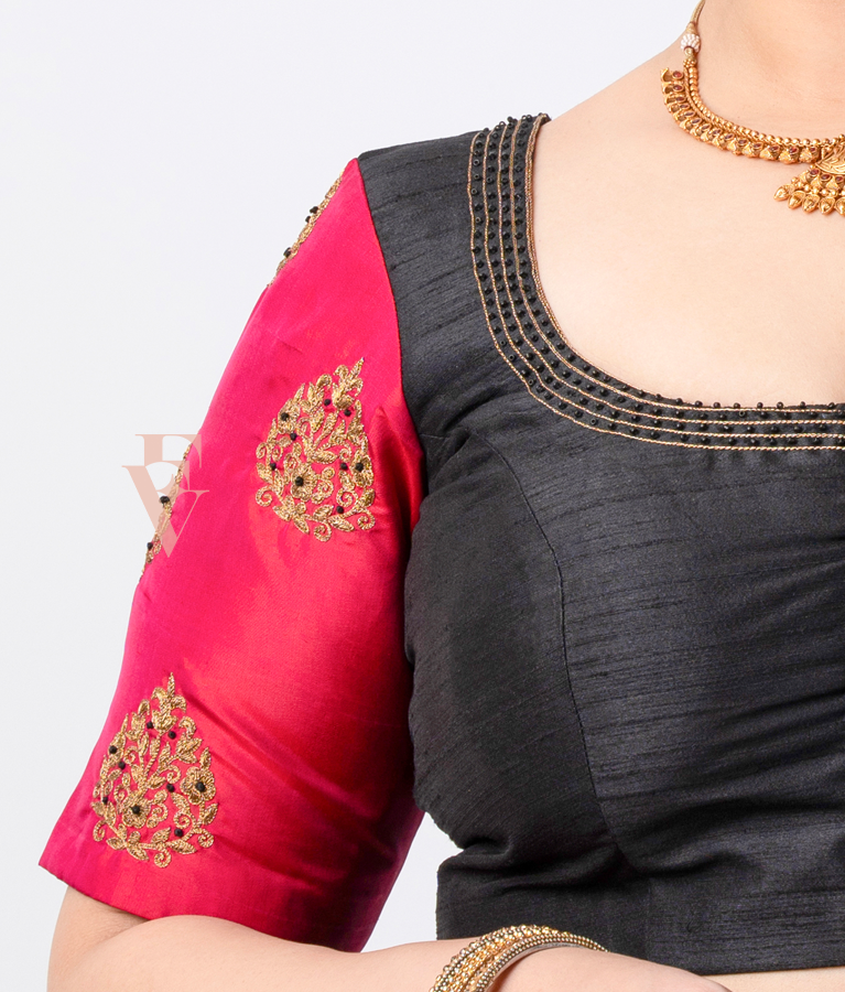 classic black and pink blouse crafted from raw silk