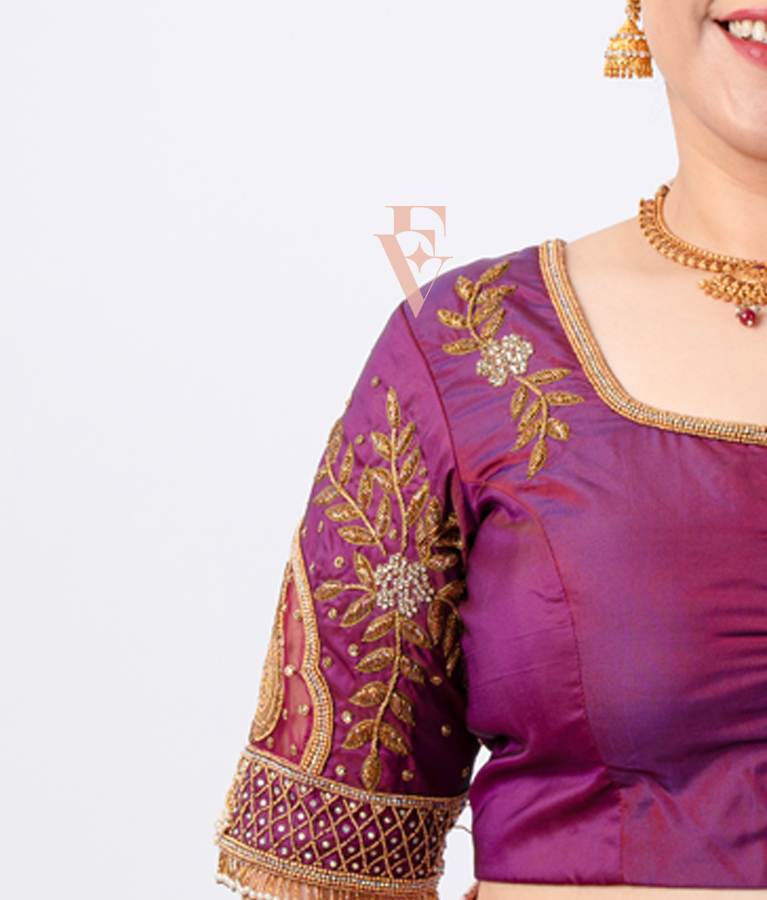 Deep Purple Silk Cotton with Net Blouse