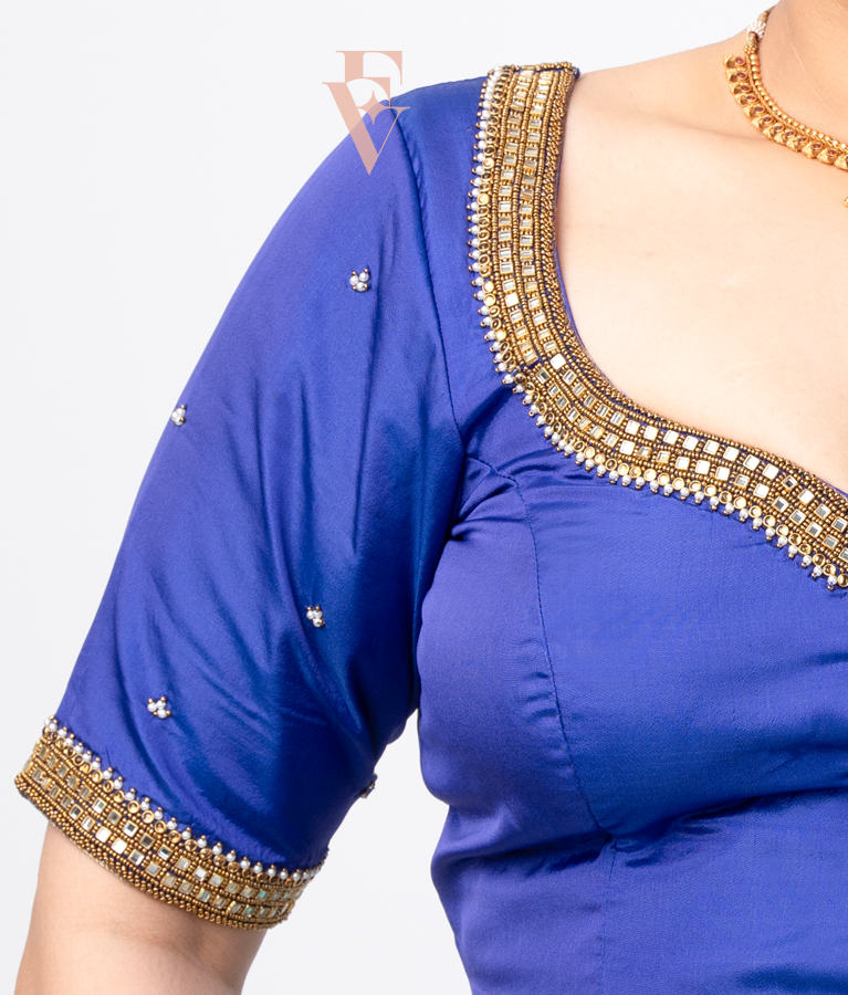 blue silk cotton blouse designed in a princess style