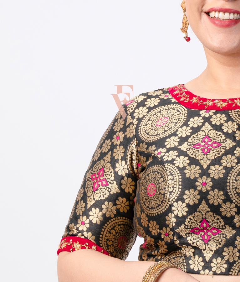 black Banarasi silk blouse crafted with raw silk and velvet