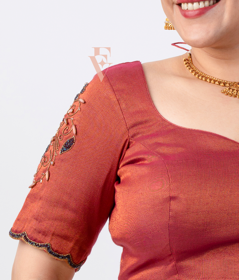 magenta tissue silk blouse designed in a princess-cut style