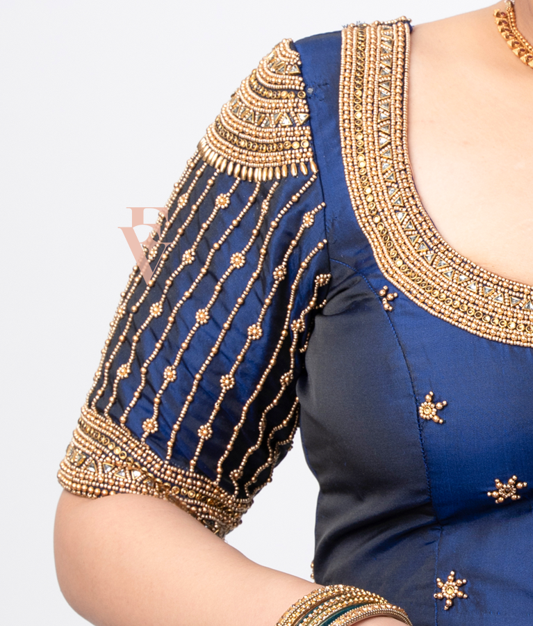dark blue silk cotton blouse designed in a princess-cut style