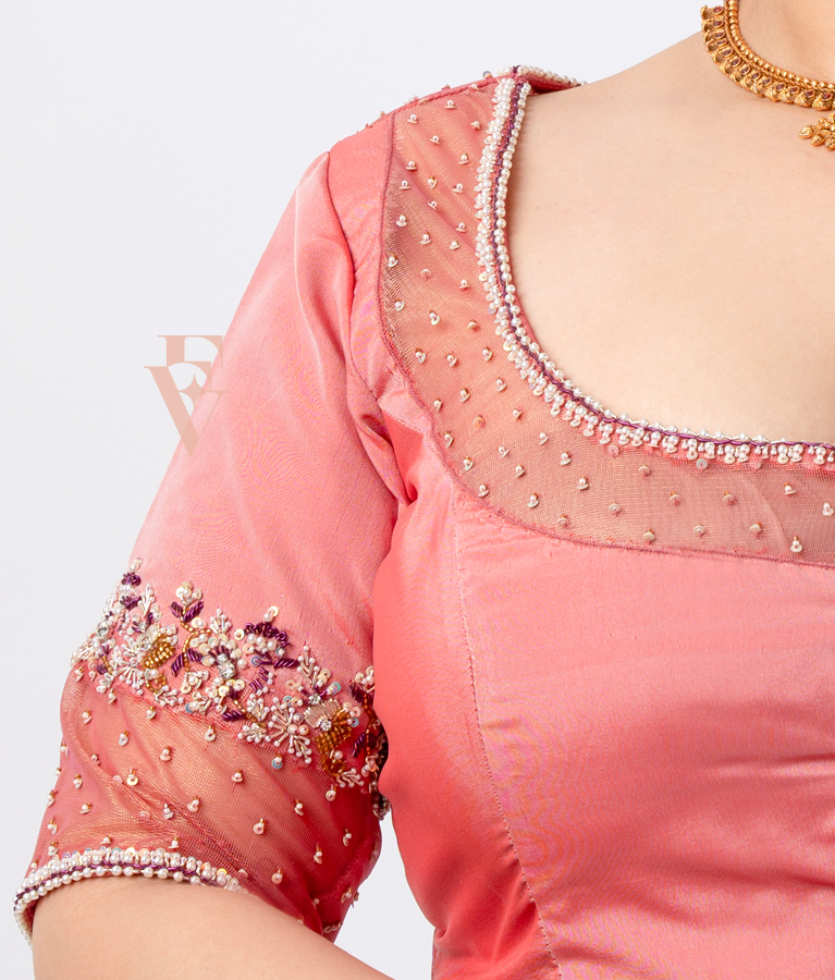 Salomen Pink Silk Cotton with Net Blouse