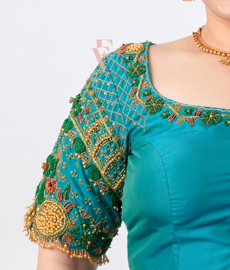 Rama Blue Silk Cotton with Net Blouse