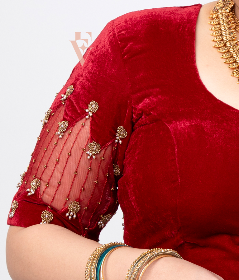 A maroon blouse