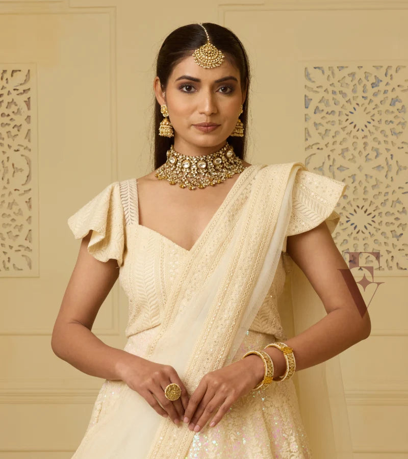 Cream net lehenga