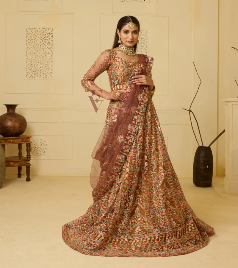 This is an exquisite mustard brown lehenga
