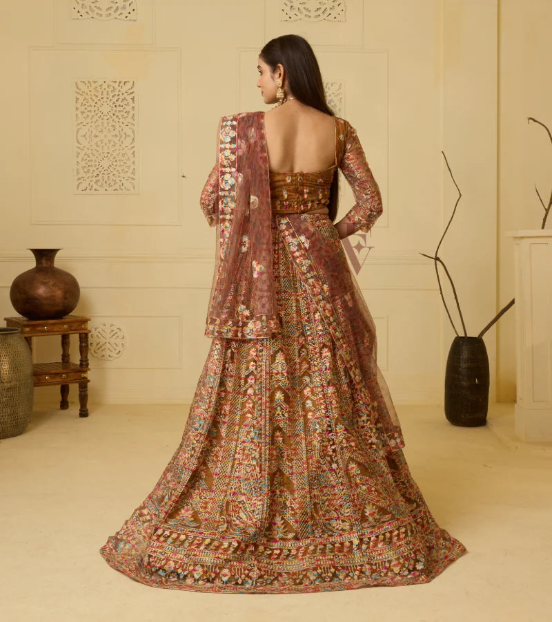 This is an exquisite mustard brown lehenga