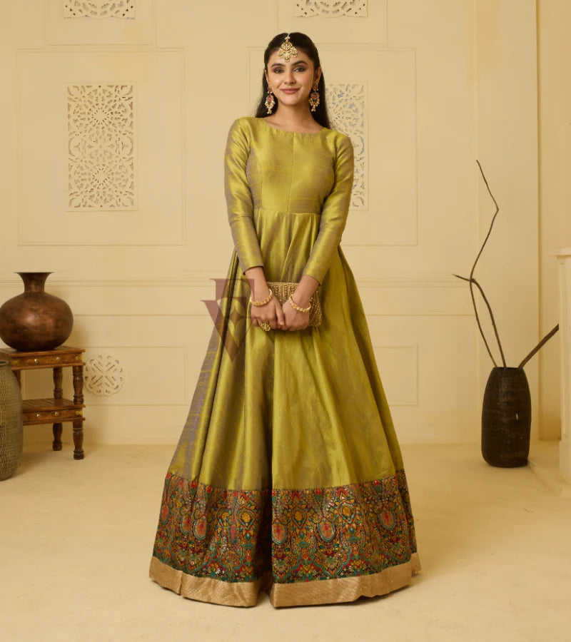 A premium raw silk gown in green