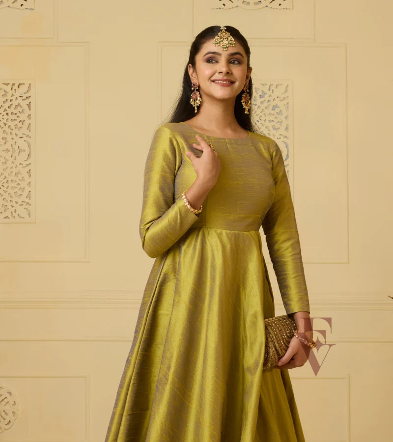 A premium raw silk gown in green