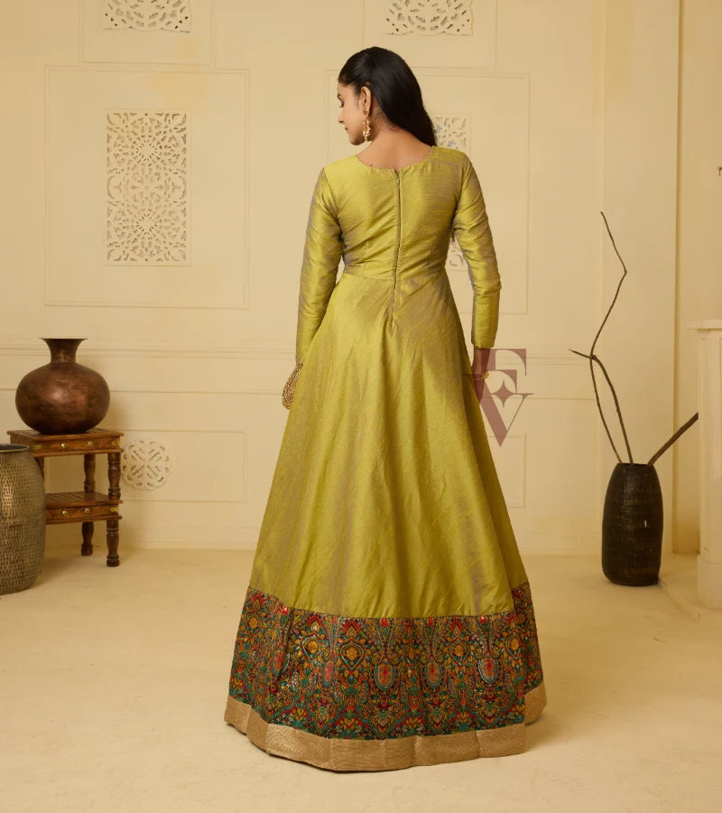 A premium raw silk gown in green