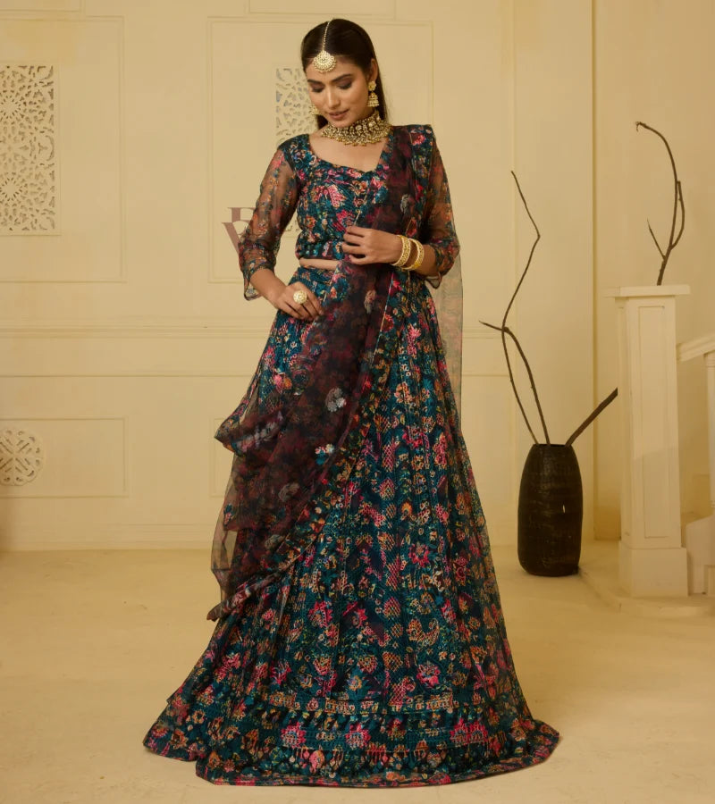 A rich peacock blue lehenga