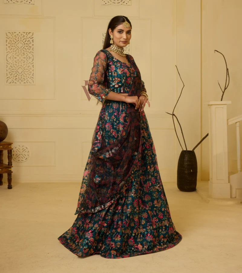 A rich peacock blue lehenga
