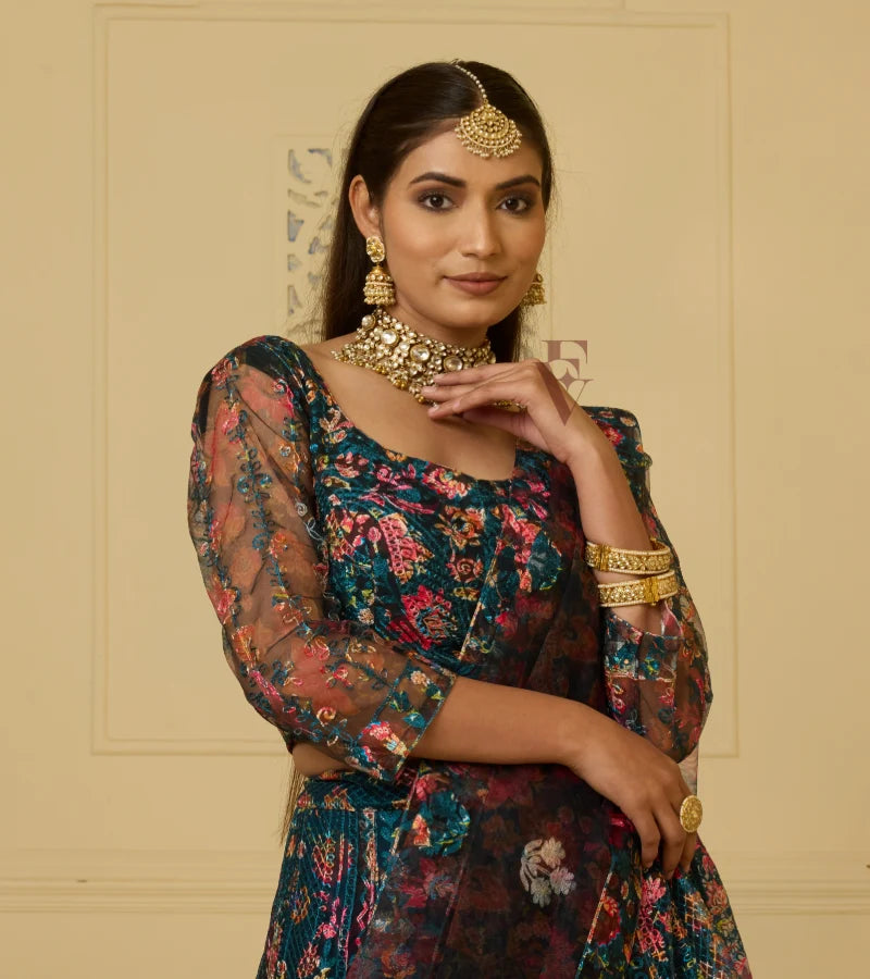 A rich peacock blue lehenga