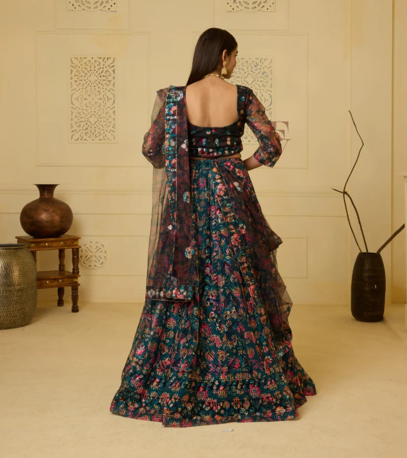 A rich peacock blue lehenga