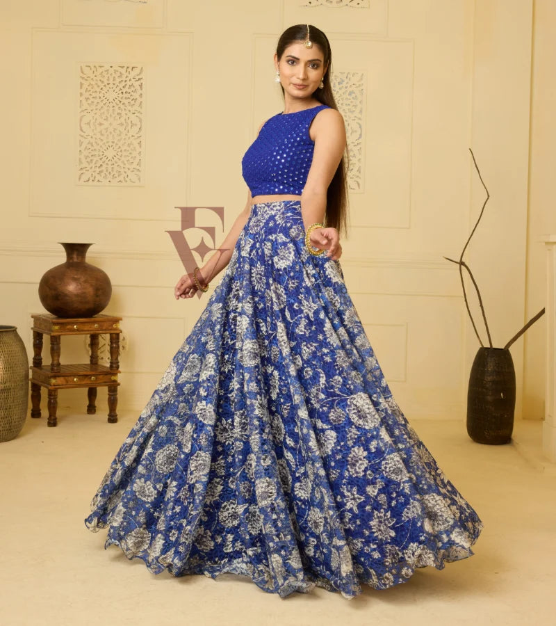 Stunning Blue Ensemble Premium net Flared Skirt