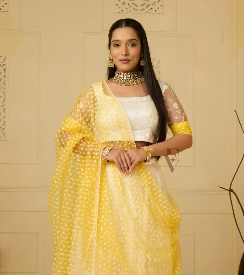 An elegant white and yellow lehenga