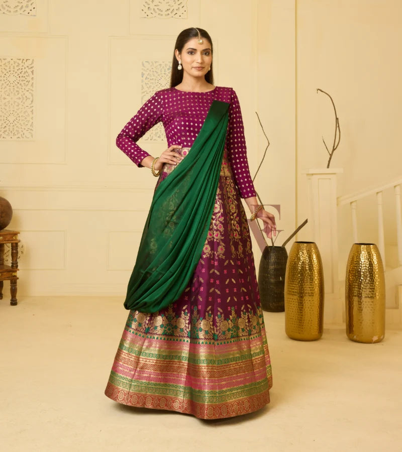 A wine Banarasi silk gown