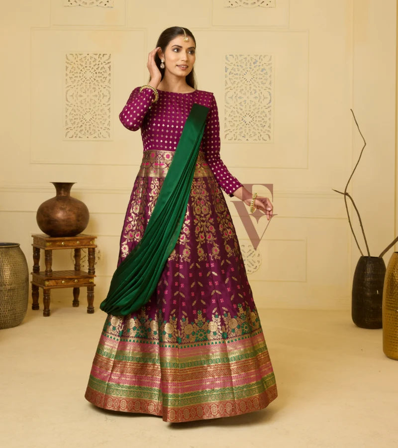 A wine Banarasi silk gown