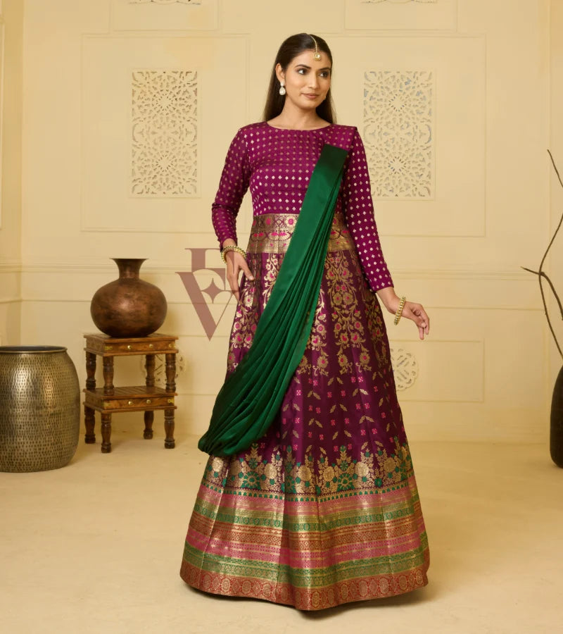 A wine Banarasi silk gown