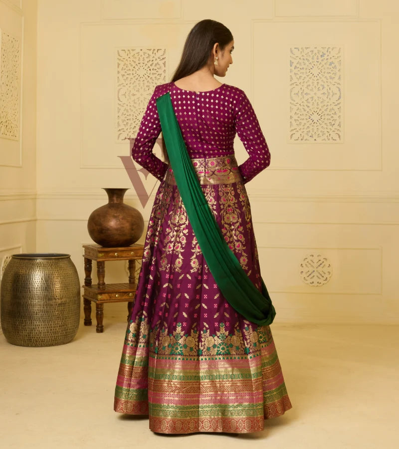 A wine Banarasi silk gown