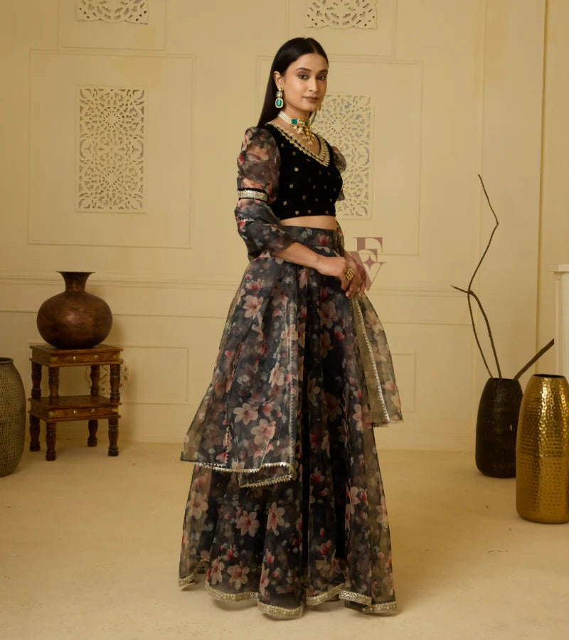 Full Black lehenga floral printed design