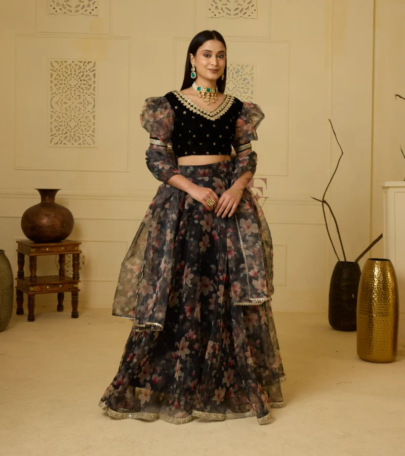 Full Black lehenga floral printed design