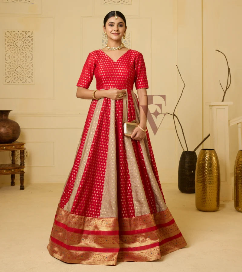 A striking red Banarasi silk gown