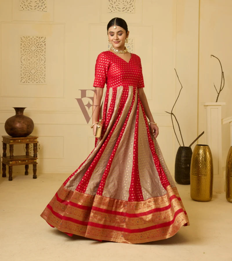 A striking red Banarasi silk gown