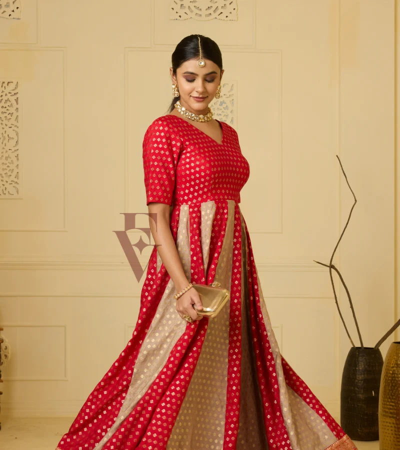 A striking red Banarasi silk gown