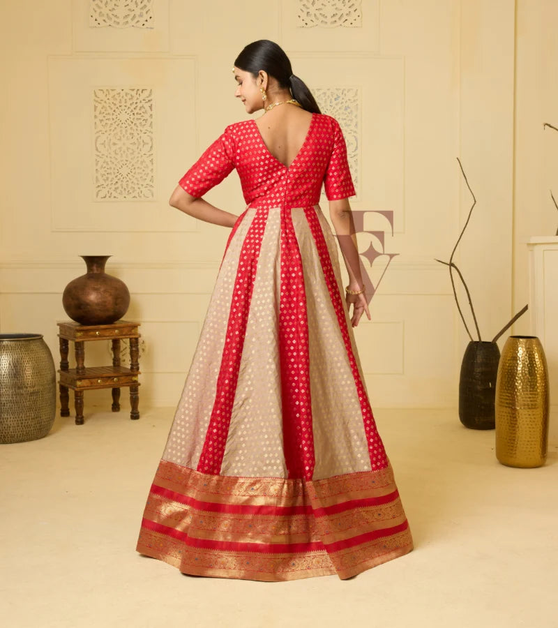 A striking red Banarasi silk gown