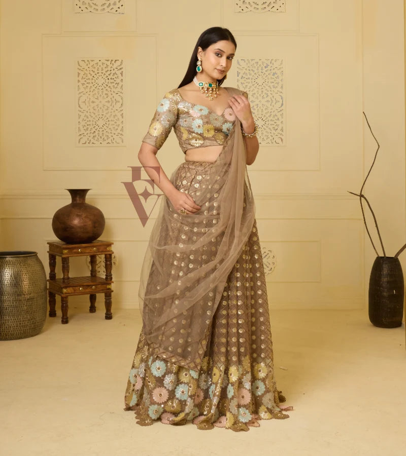 This biscuit-coloured lehenga
