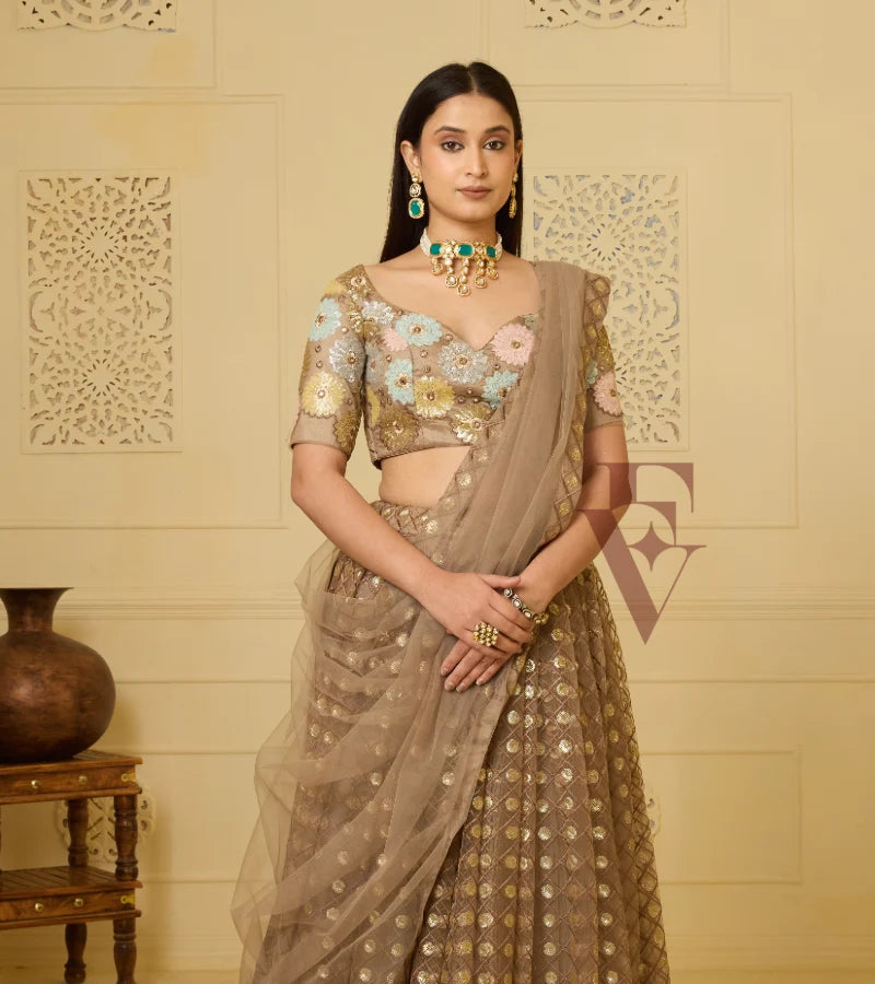 This biscuit-coloured lehenga