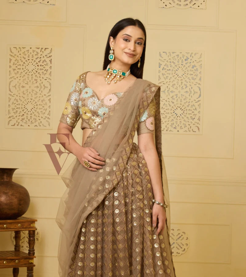 This biscuit-coloured lehenga