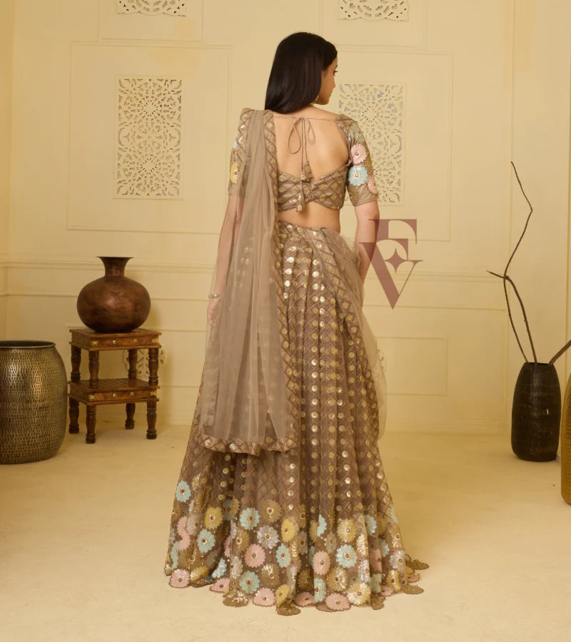 This biscuit-coloured lehenga