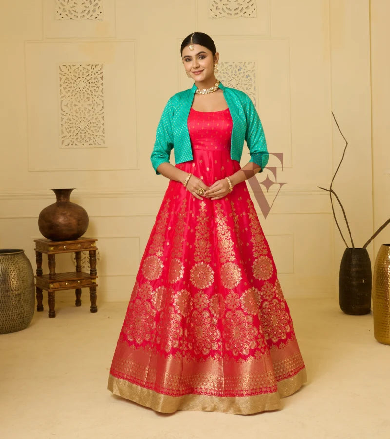 A deep pink Banarasi silk gown