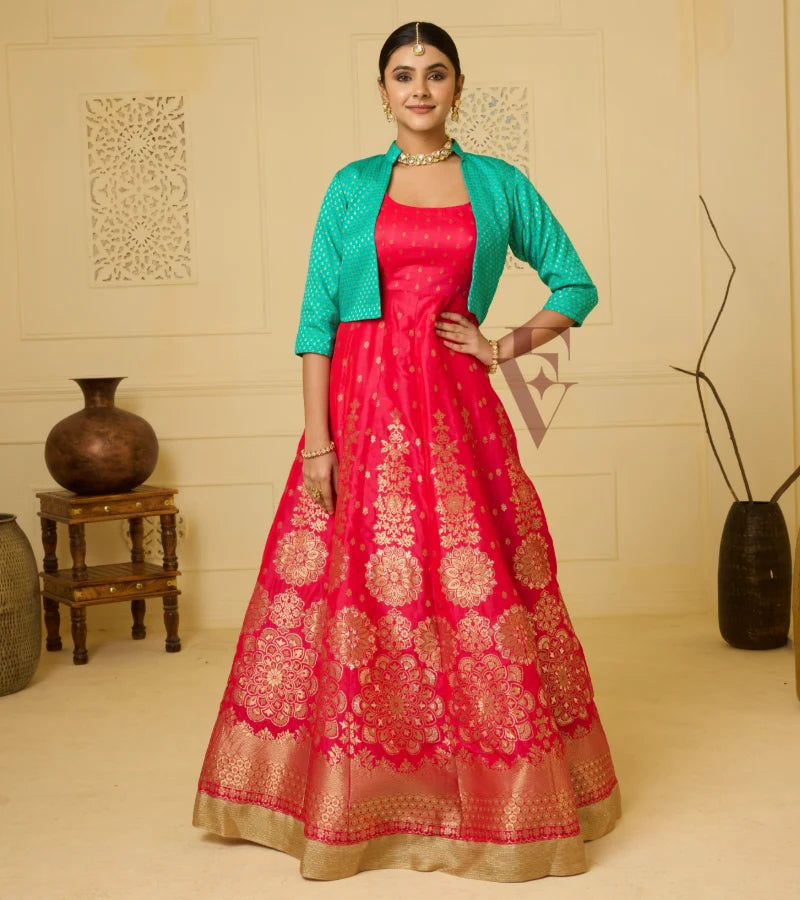 A deep pink Banarasi silk gown