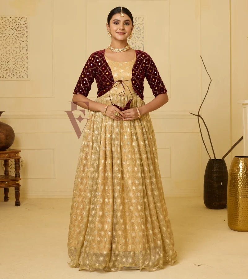 A golden shimmer georgette gown
