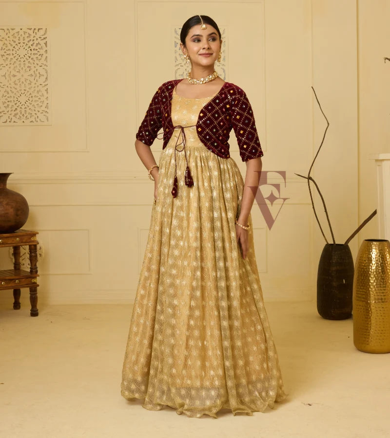 A golden shimmer georgette gown