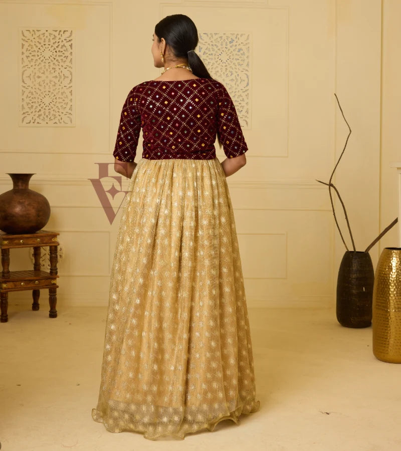 A golden shimmer georgette gown