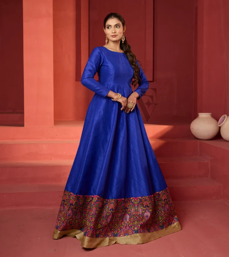 A dark blue raw silk gown