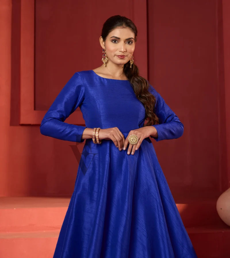 A dark blue raw silk gown