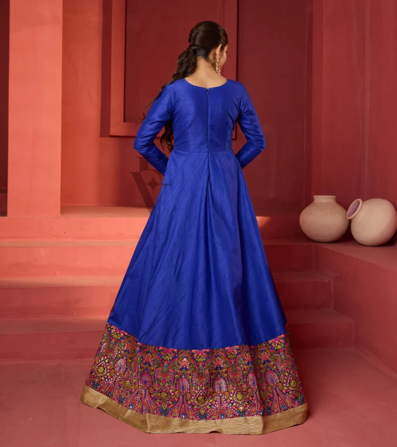 A dark blue raw silk gown