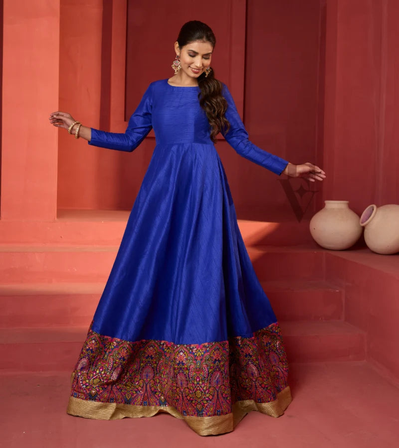 A dark blue raw silk gown