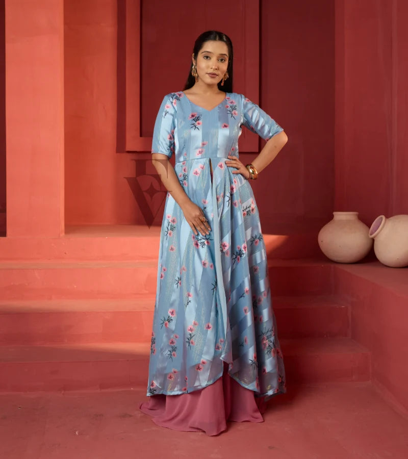 A powder blue printed long coat-style top paired with a flowy mild pink palazzo