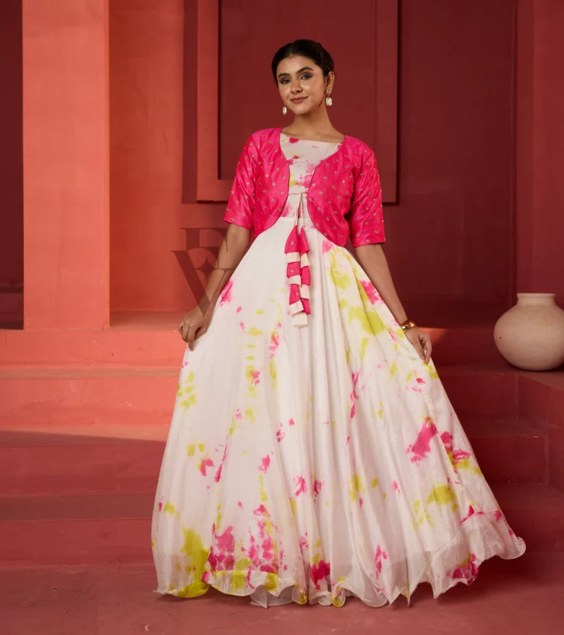 A white silk chiffon gown