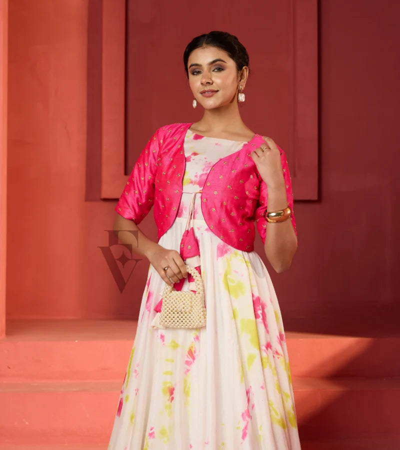 A white silk chiffon gown