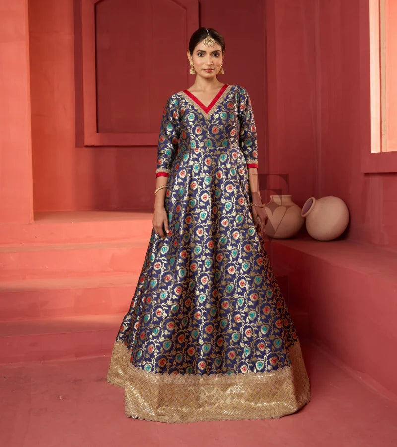 This dark blue Banarasi silk gown