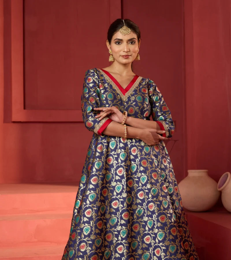 This dark blue Banarasi silk gown