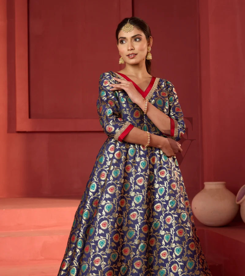 This dark blue Banarasi silk gown